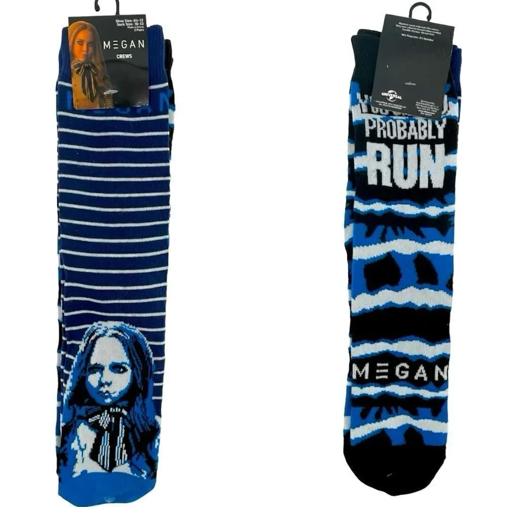 Megan Horror Movie Doll Novelty Blue Striped Long 2-Pair Crew Socks Size 6.5-12